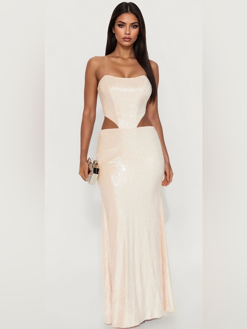Fashion Nova Cream Strapless Sequin Cutout Maxi Dress  NWT💛